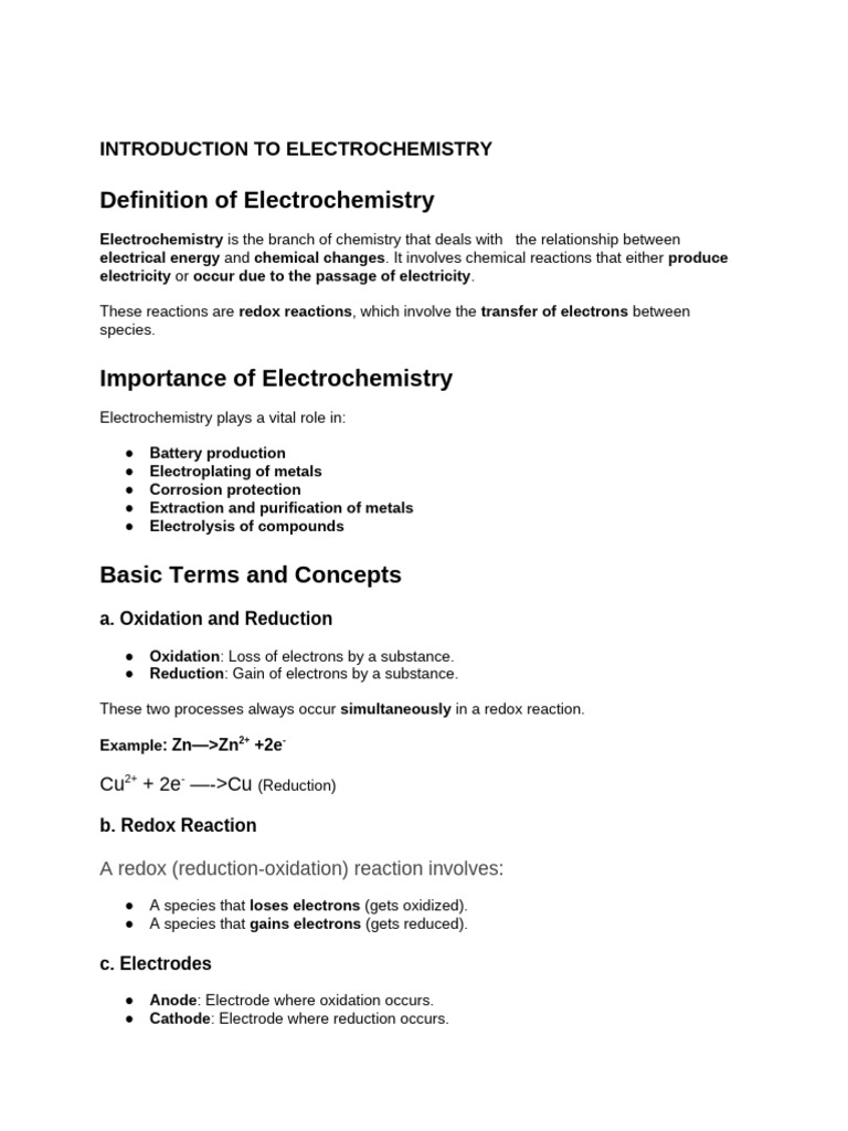 Introduction To Electrochemistry Pdf Electrochemistry Redox