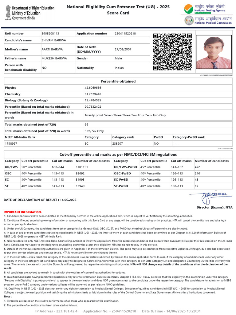 NEET UG 2025 Scorecard and Cut-off Details | PDF | Tests | Student ...