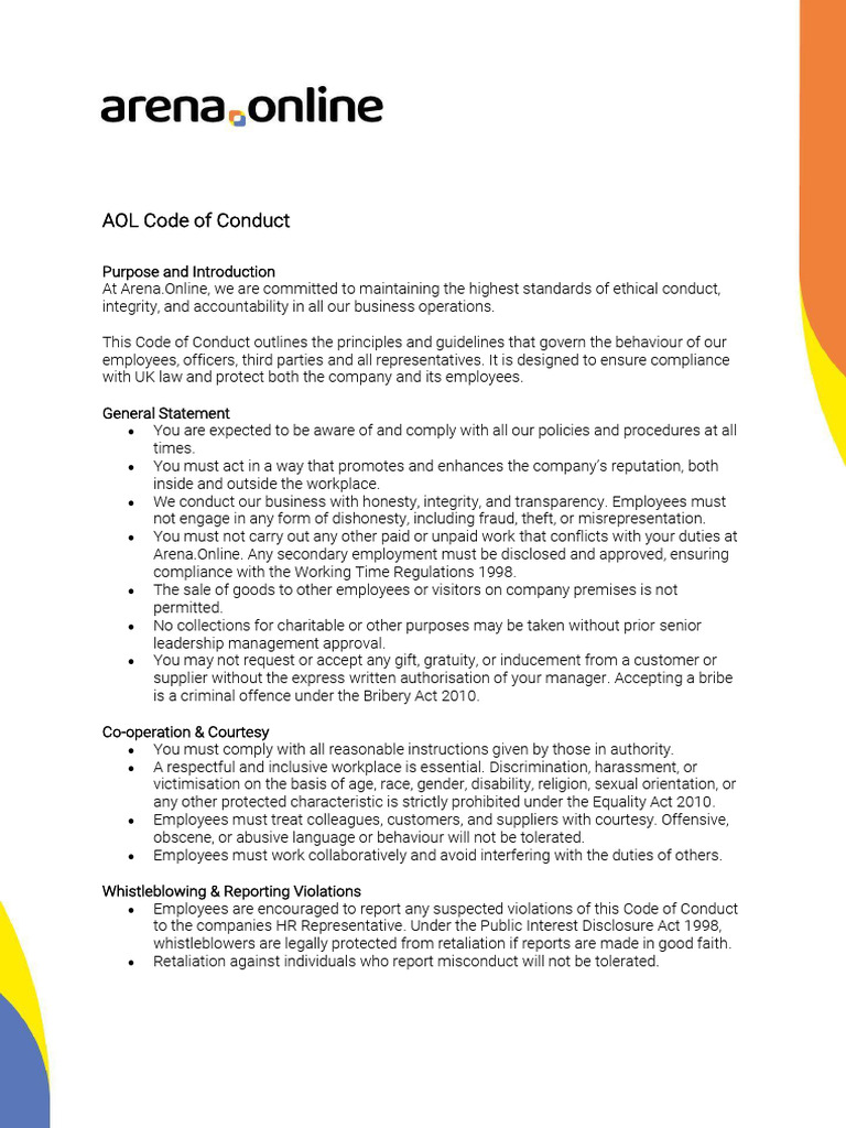 AOL Code of Conduct Guidelines | PDF | Bribery | Occupational Safety ...