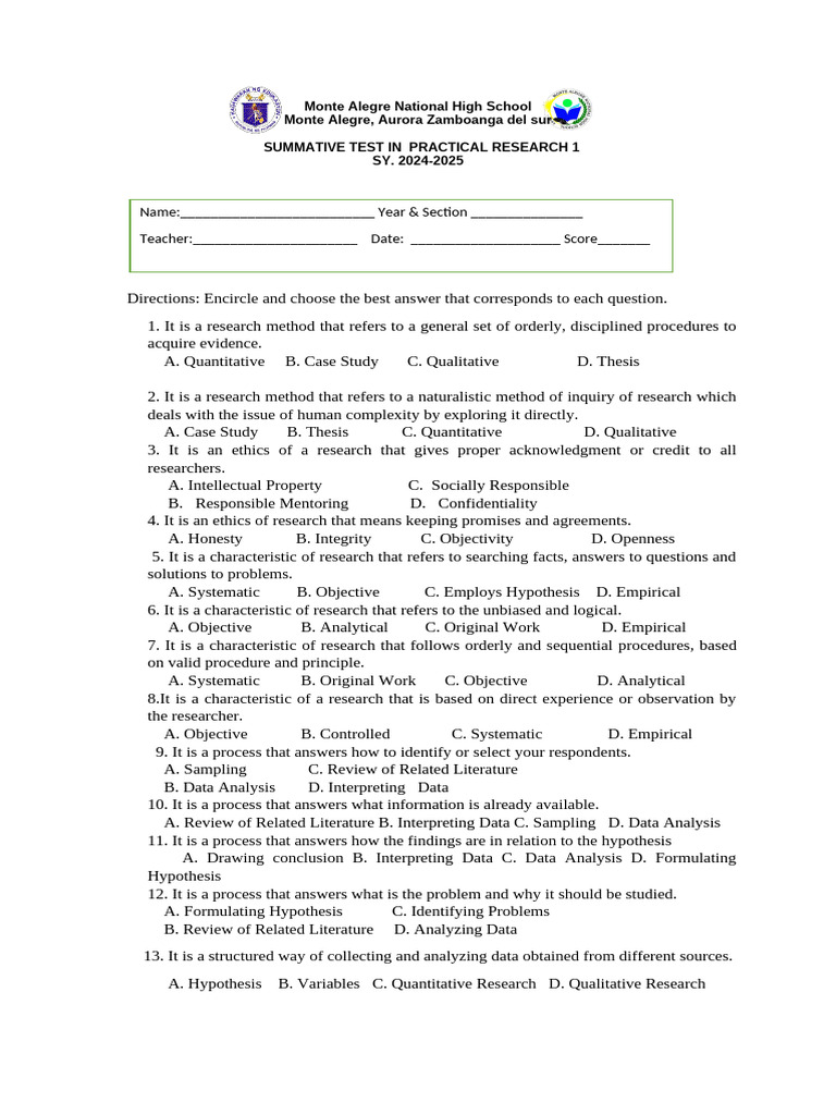 Practical Research 1 Summative Test | PDF | Data Analysis ...