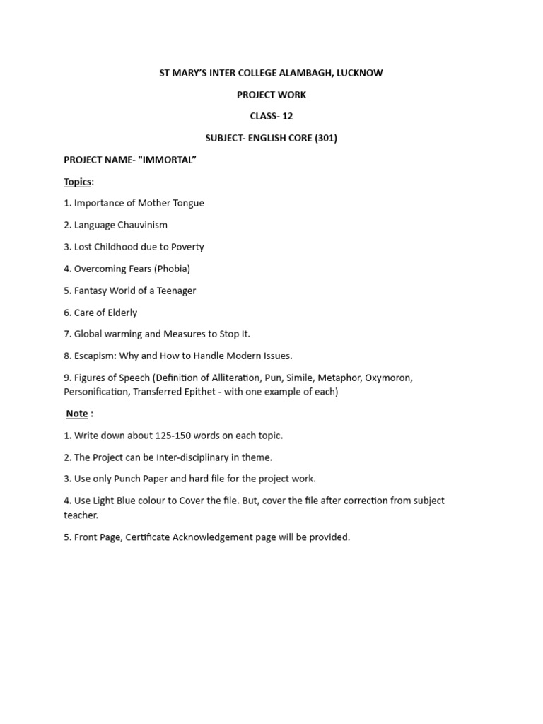 Class 12 English Project on Key Topics | PDF