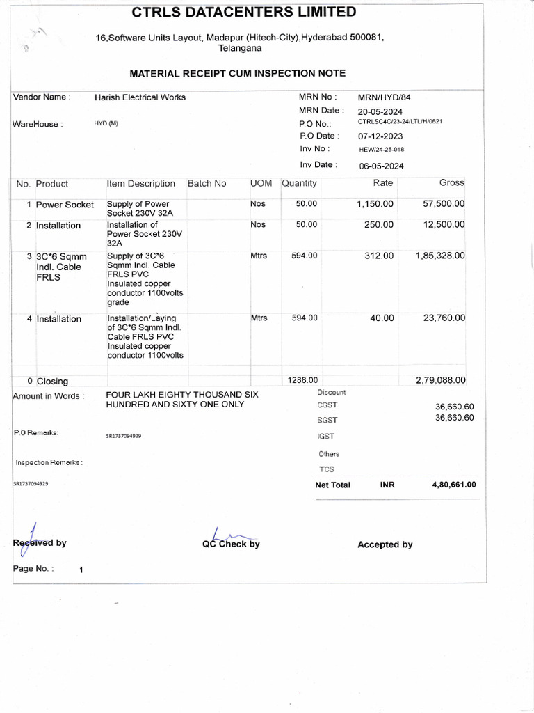 Material Receipt Inspection Note | PDF
