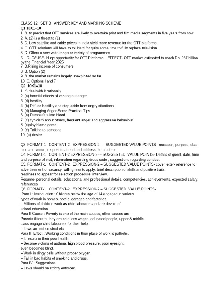 Class 12 Answer Key & Marking Scheme | PDF | Anger
