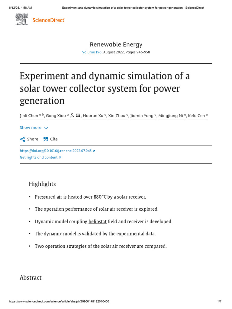 Experiment and Dynamic Simulation of A Solar Tower Collector System For ...