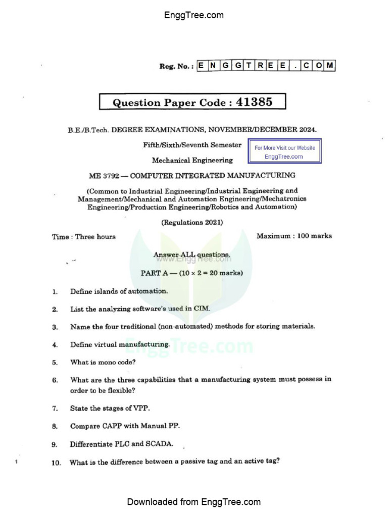 ME3792 Computer Integrated Manufacturing Nov Dec 2024 Question Paper ...