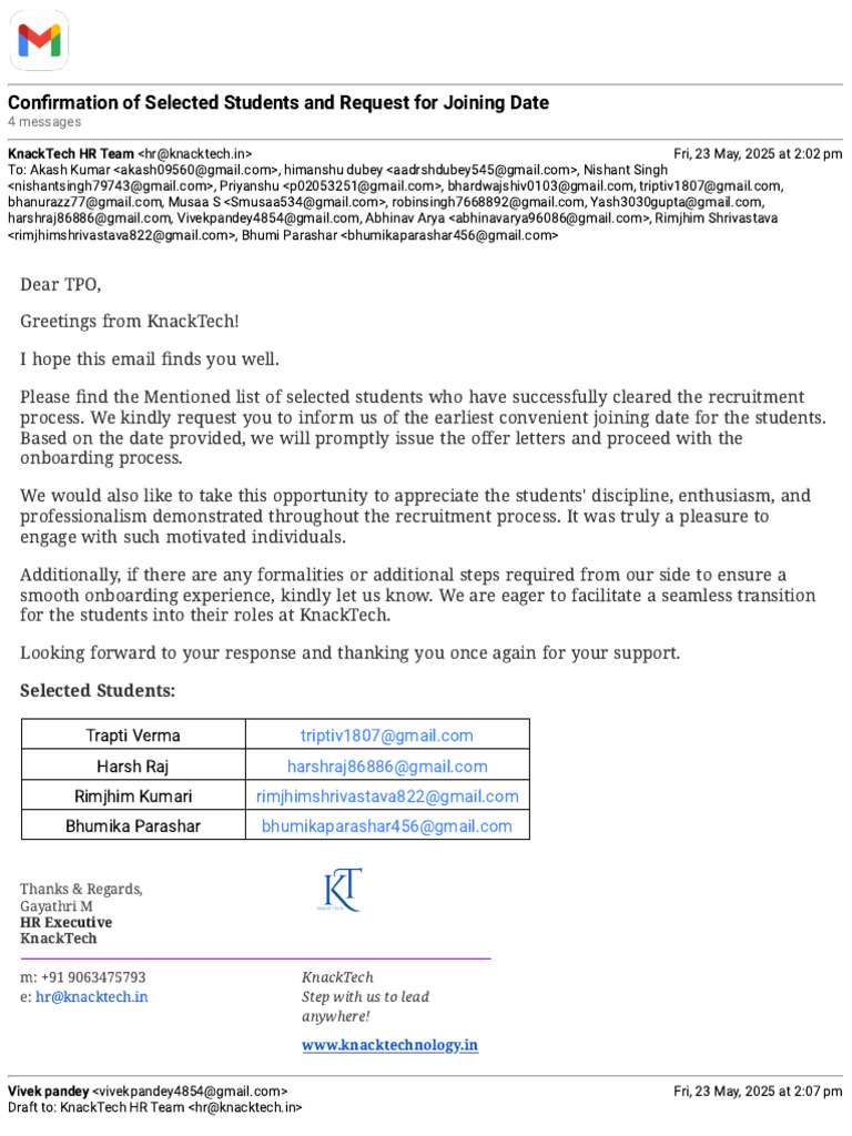 Confirmation of Selected Students and Request For Joining Date | PDF