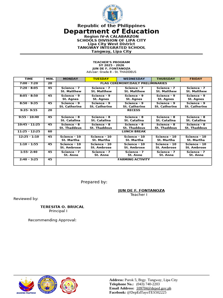 Tangway Integrated School Class Program | PDF | Philippines
