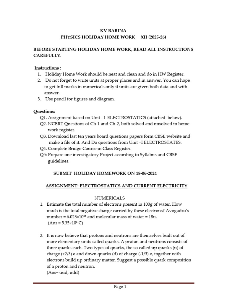 Physics Holiday Homework XII 2025-26 | PDF | Electric Field | Flux