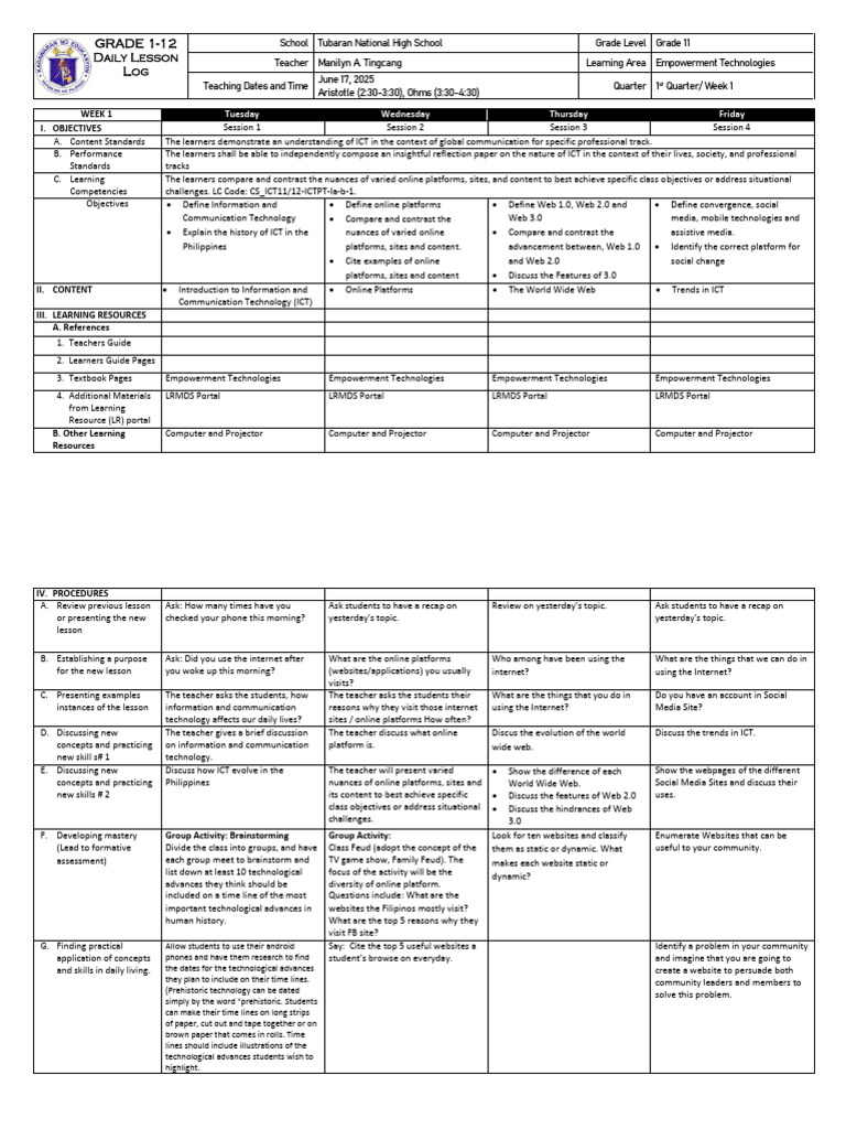 DLL Empowerment Technologies WEEK 1 | PDF | Educational Technology ...