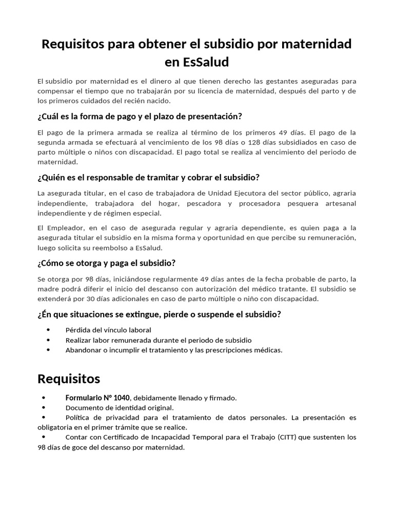 Requisitos para Obtener El Subsidio Por Maternidad en EsSalud | PDF