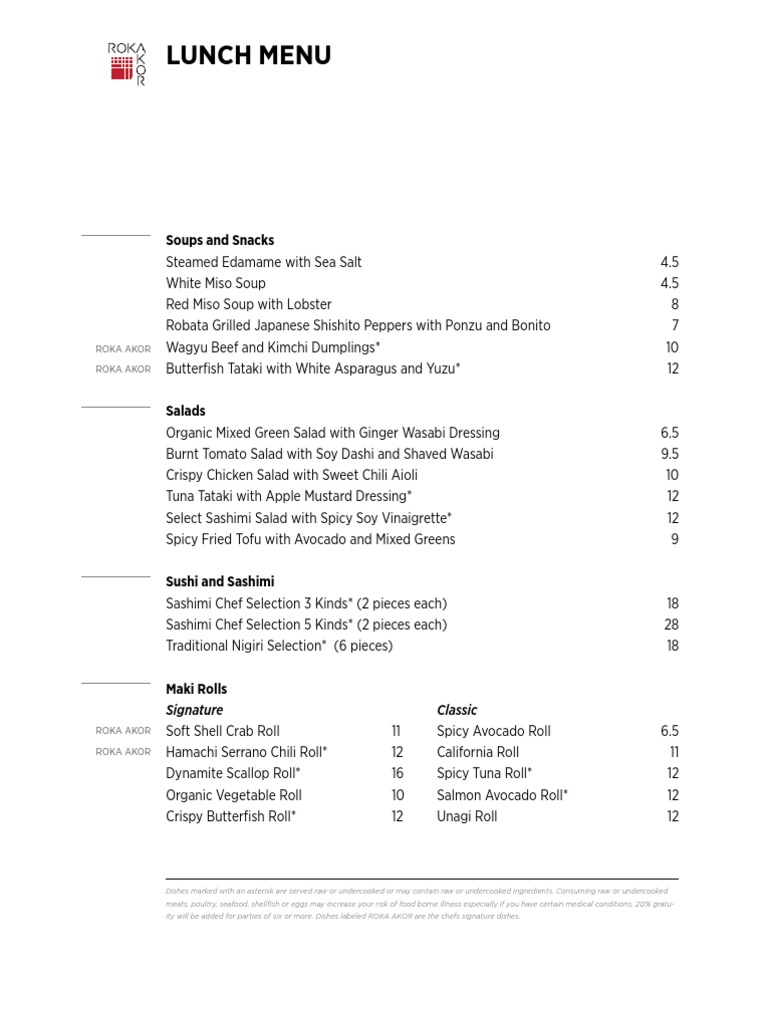 Roka Akor Chicago Lunch Menu 2012 | PDF | Sushi | Salad