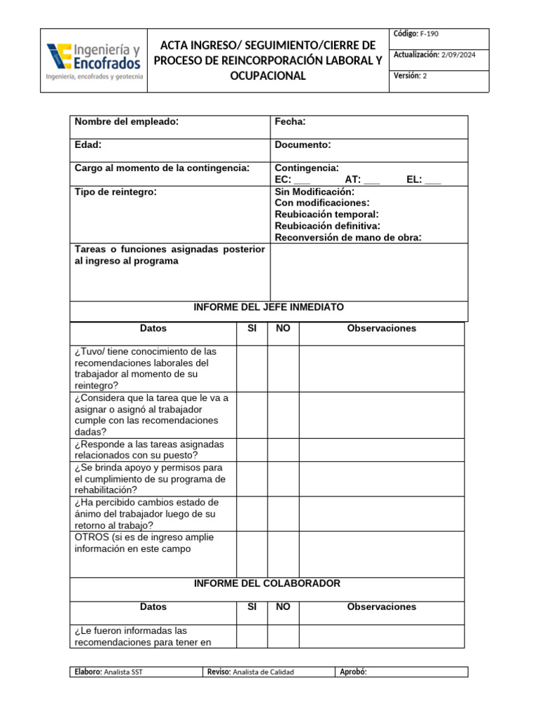 Acta de Reincorporación Laboral 2024 | PDF
