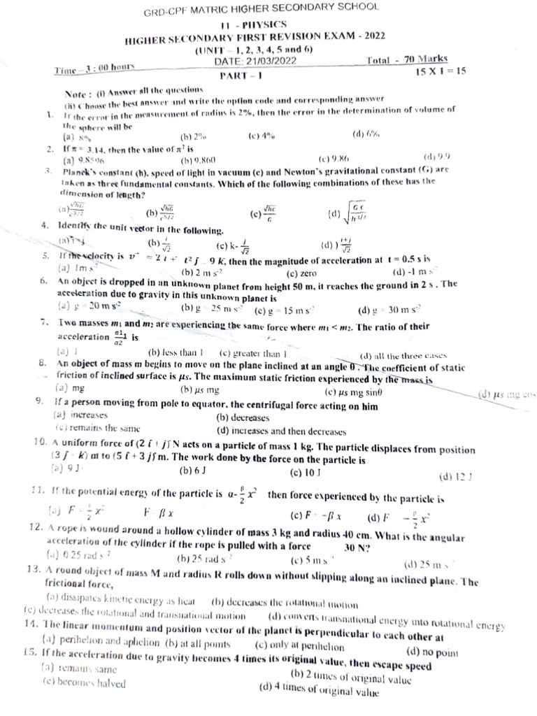 Higher Secondary Physics Revision Exam 2022 | PDF | Acceleration | Gravity