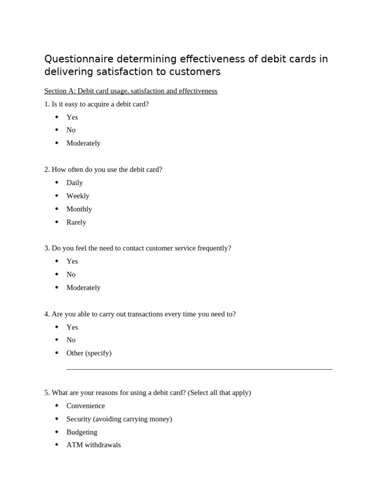 Debit Card Satisfaction Questionnaire | PDF | Debit Card | Automated ...