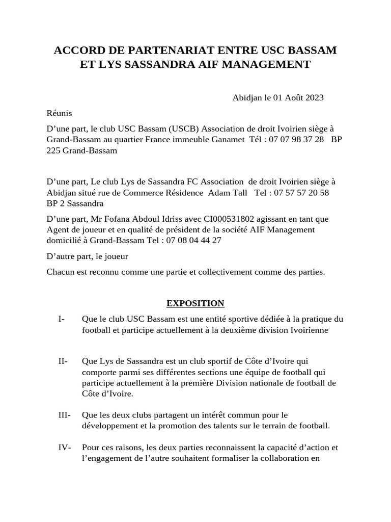 Accord de partenariat USC Bassam - Lys Sassandra | PDF | Côte d'Ivoire