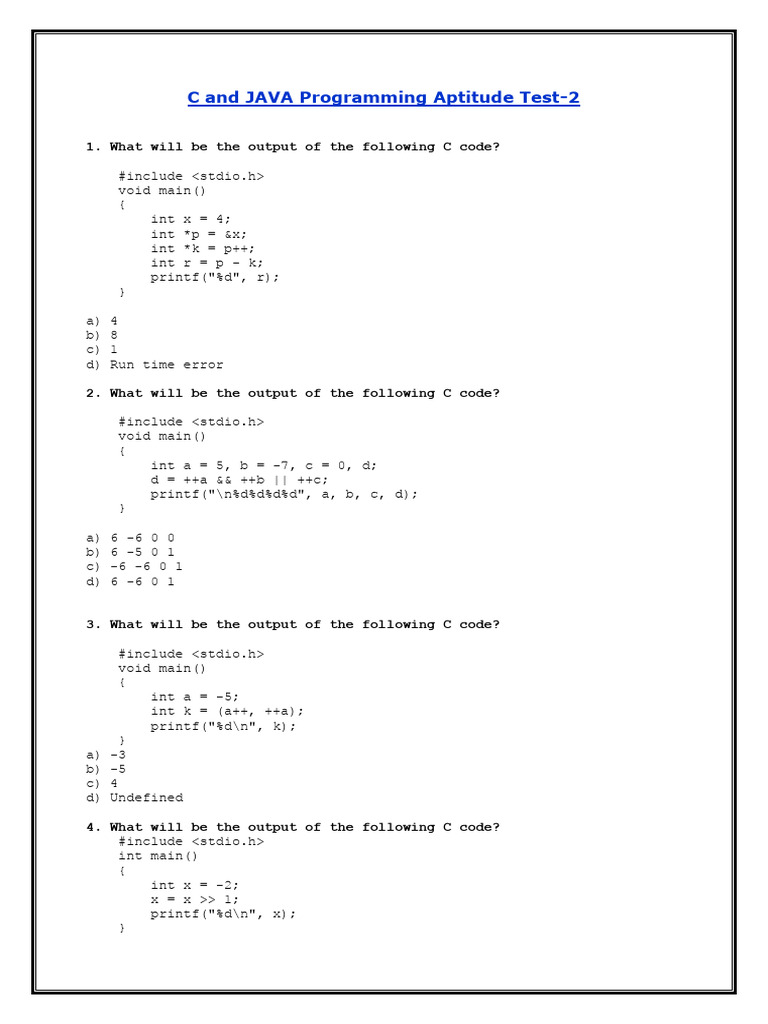 C and JAVA Programming Aptitude Test-2 | PDF | C (Programming Language ...