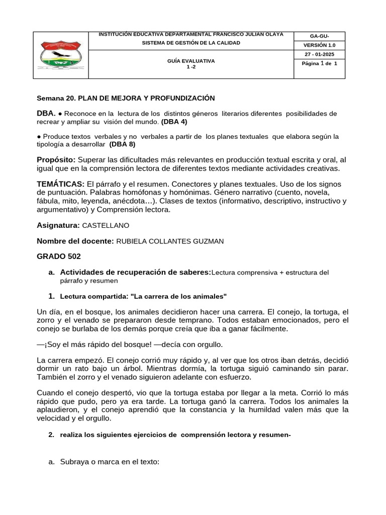 Plan de Mejora en Comprensión Lectora | PDF | Comprensión lectora ...