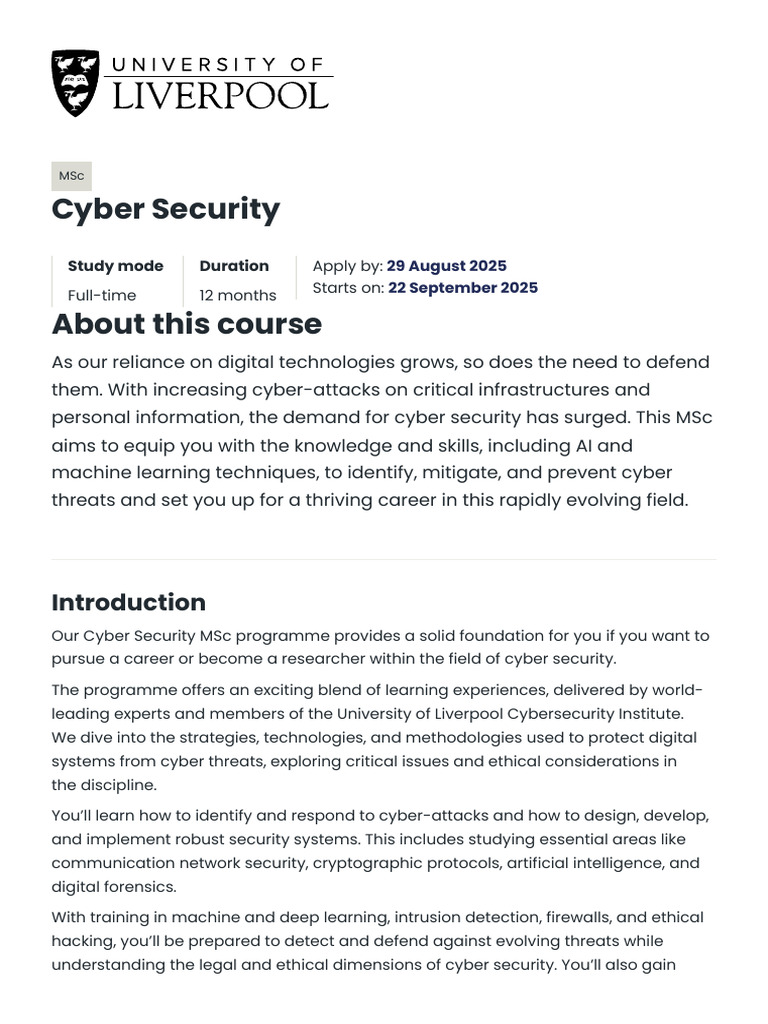 MSc Cyber Security at University of Liverpool | PDF | Computer Security ...