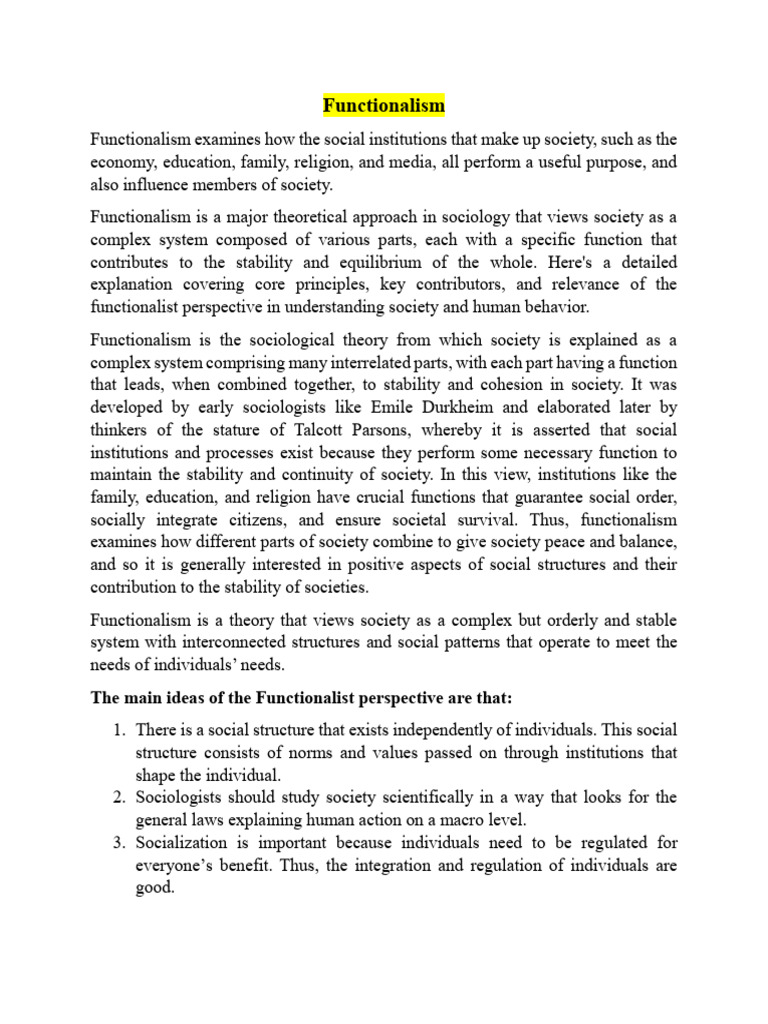 Understanding Functionalism in Society | PDF | Sociology | Society