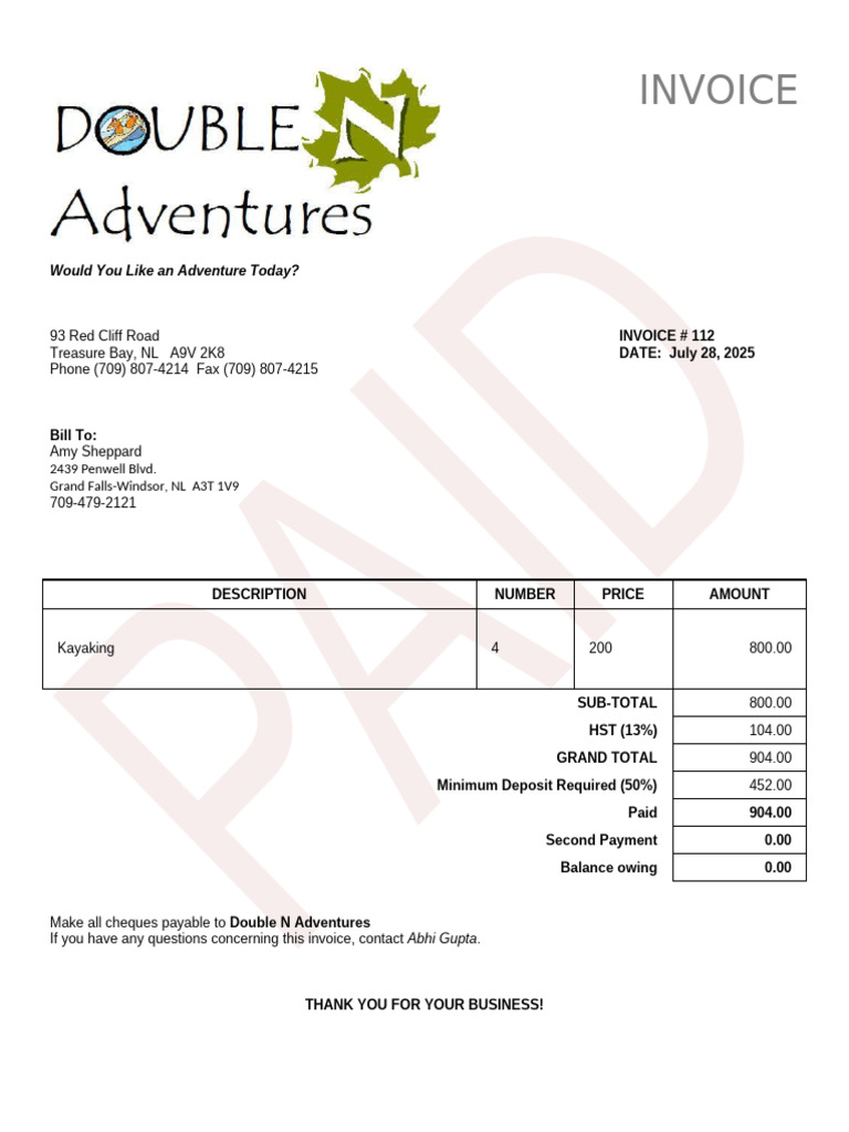 Invoice for Kayaking Adventure | PDF