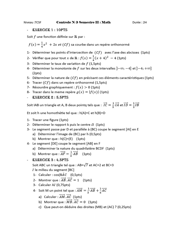 Contrôle de mathématiques TCSF - Sem II | PDF | Géométrie | Géométrie ...