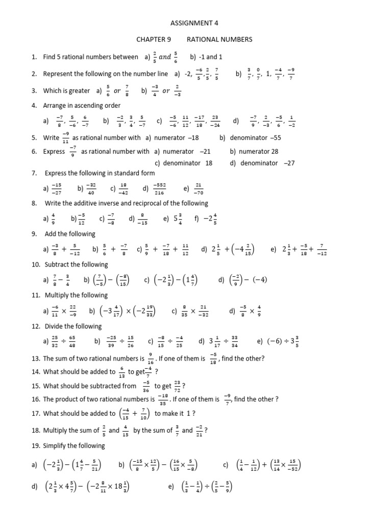 Rational Numbers Assignment Guide | PDF | Elementary Mathematics ...