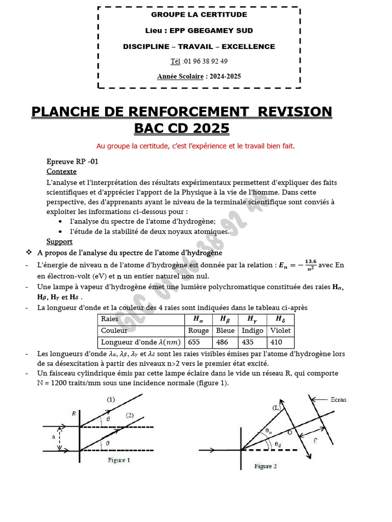 Renforcement Bac CD 2025 : Physique et Chimie | PDF | Noyau atomique ...