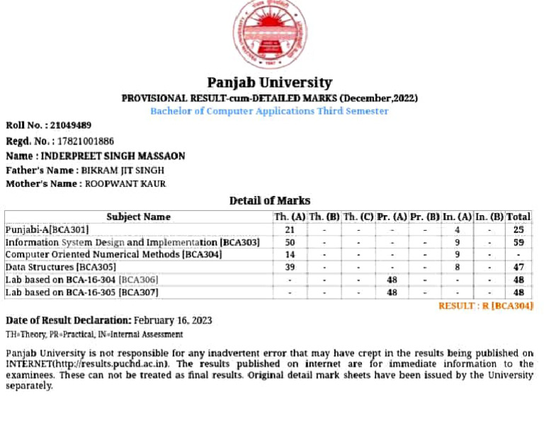 BCA 3rd Sem Result - Dec 2022 | PDF