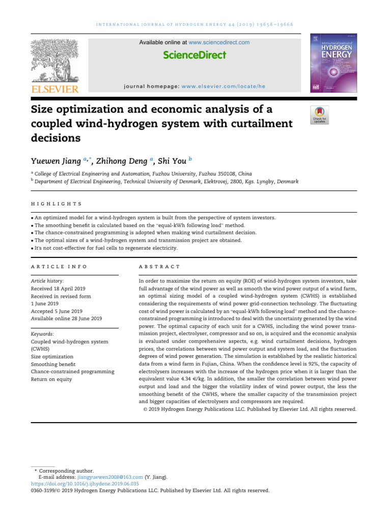 Size Optimization and Economic Analysis of A Coupled Wind-Hydrogen ...