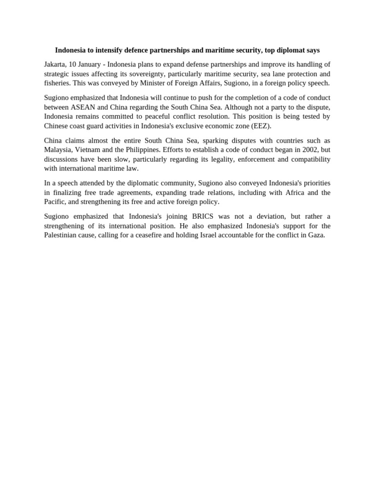 Indonesia To Intensify Defence Partnerships and Maritime Security | PDF