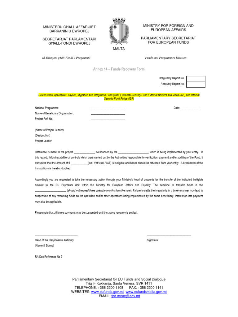 Annex 14 Funds Recovery Form NEW | PDF | European Union