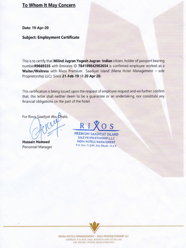 Employment Certificate for Waiter Position | PDF