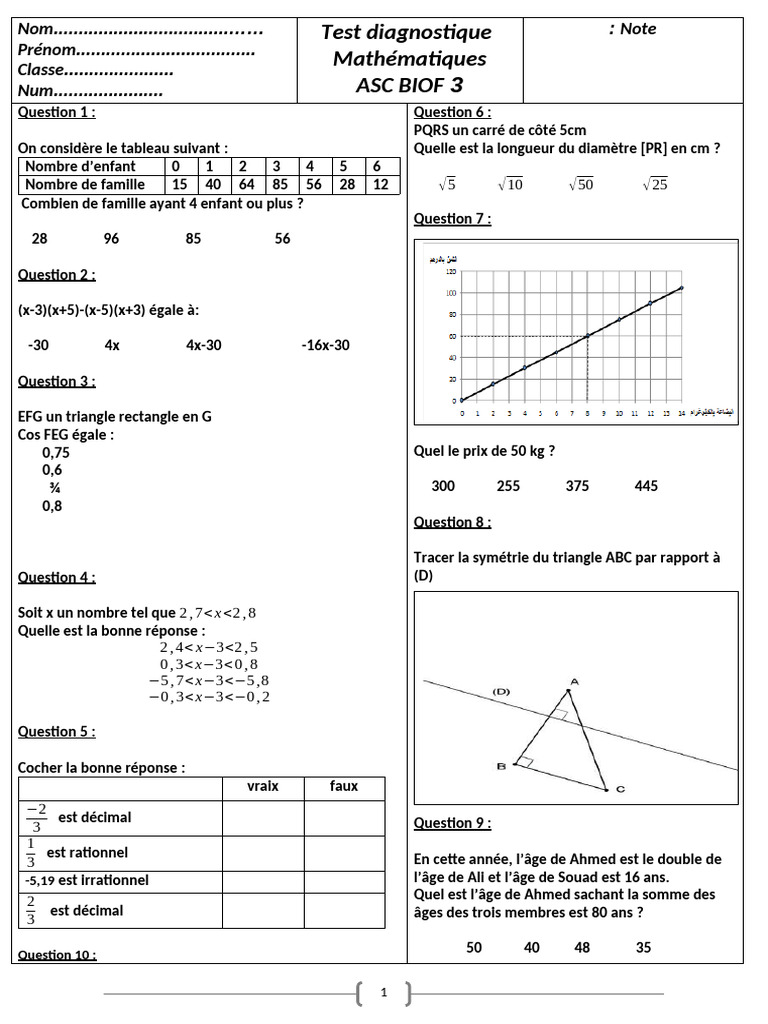 Test diagnostique en mathématiques 3 | PDF | Géométrie | Géométrie ...