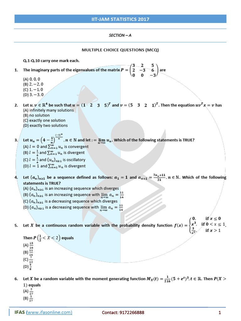 IIT-JAM 2017 Statistics MCQs | PDF | Probability Distribution | Random ...