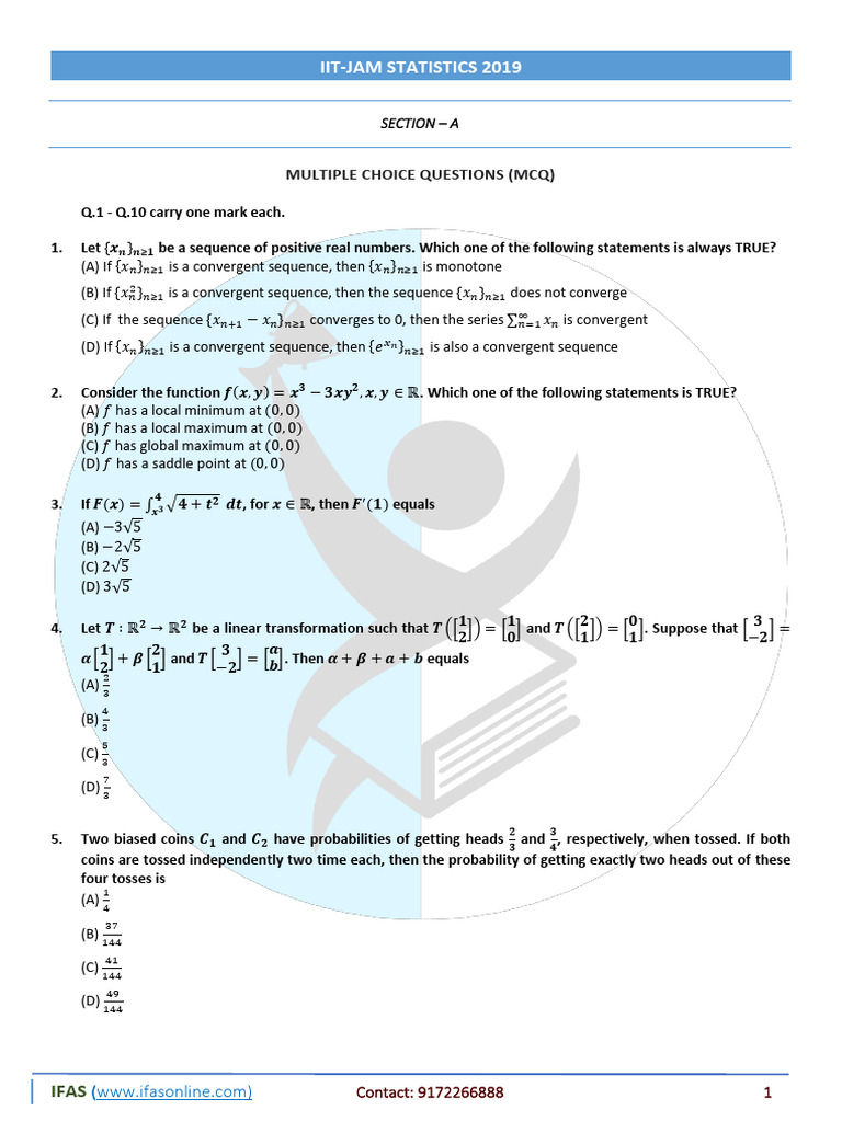IIT-JAM Statistics 2019 MCQ Solutions | PDF | Probability Distribution ...