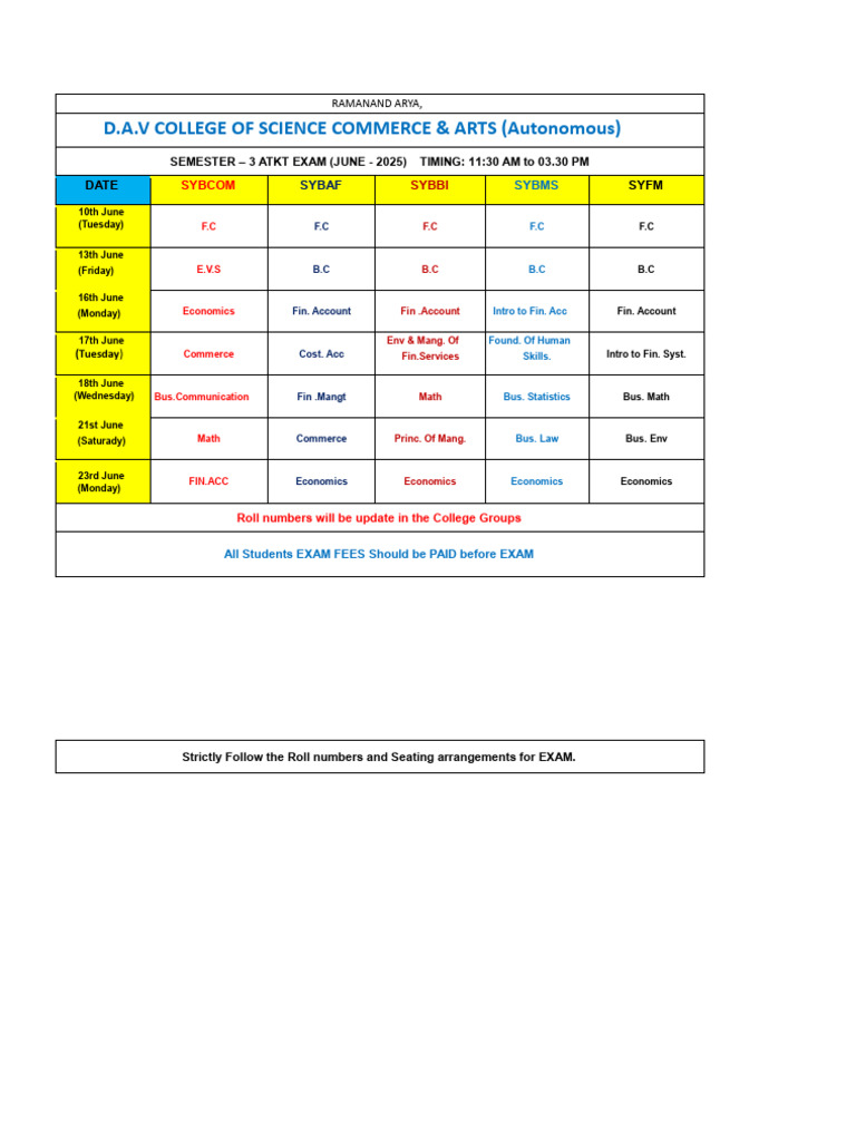 SY BCom Sem 3 ATKT Exam Schedule 2025 | PDF