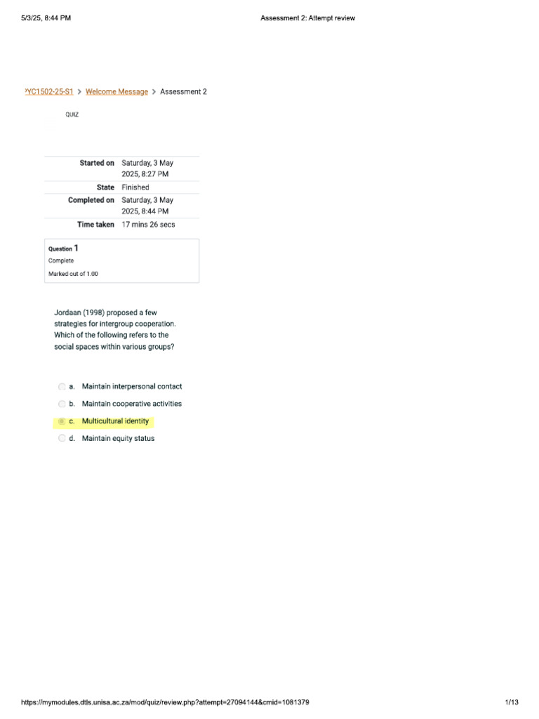 Assessment 2 - Attempt Review - PYC1502 A2 A1 | PDF