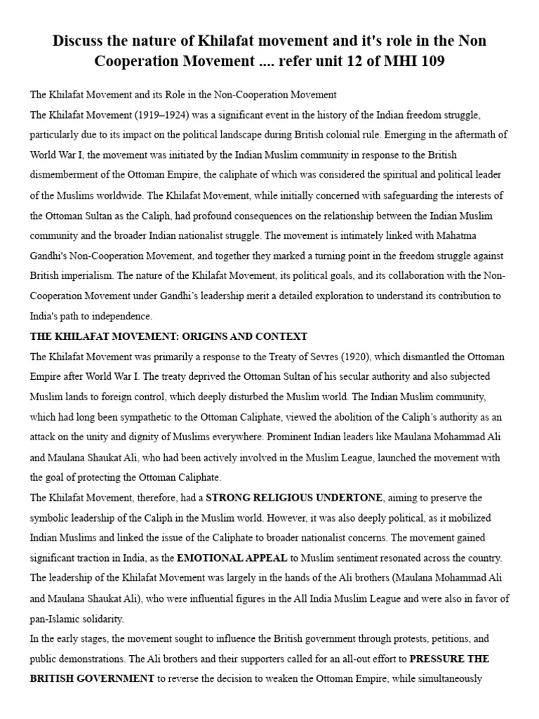 Khilafat Movement's Role in Non-Cooperation | PDF | Mahatma Gandhi ...