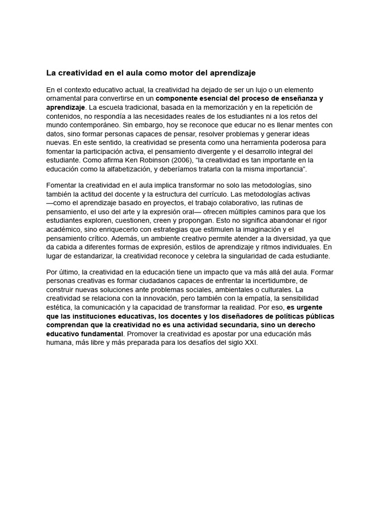 La Creatividad en El Aula Como Motor Del Aprendizaje | PDF