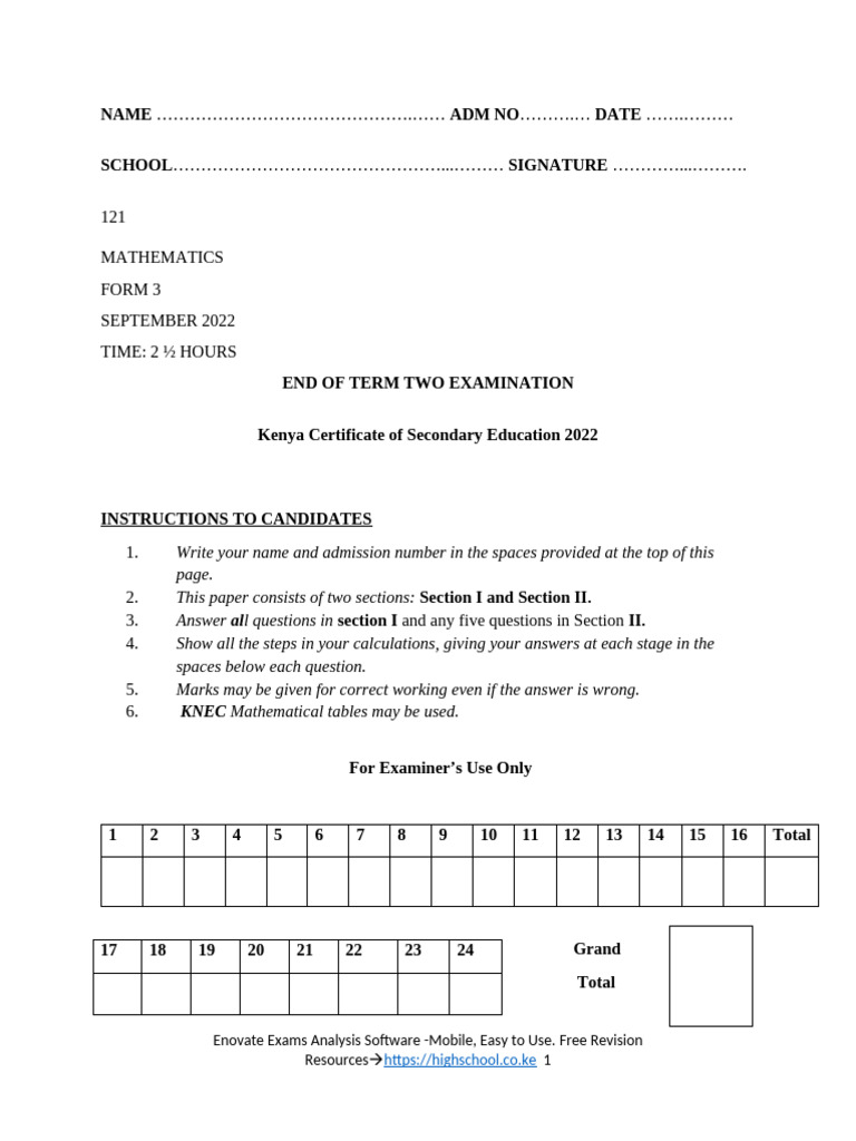 MATHEMATICS Form 3 Term 2 Joint Exam 2022 Questions | PDF | Area | Circle