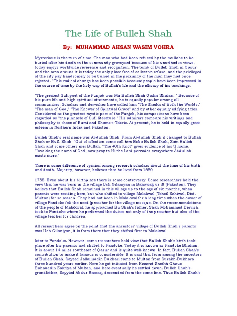 The Life Of Bulleh Shah Sufism Religious Behaviour And Experience