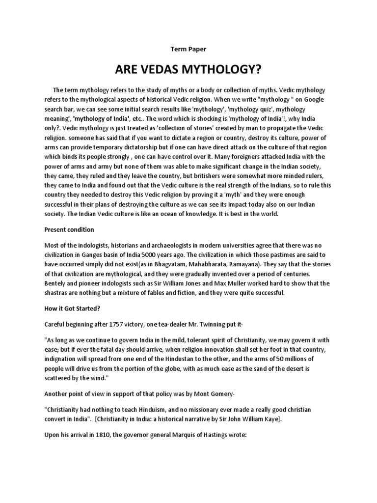 Are Vedas Mythology?: Term Paper | PDF | Mythology | Vedas