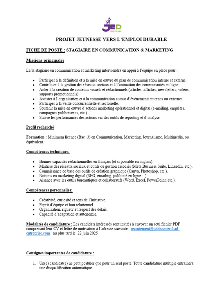 Fiche de Poste : Stagiaire Marketing | PDF