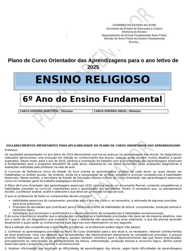 Plano de Curso: Ensino Religioso 6º Ano | PDF | Aprendizado | Science