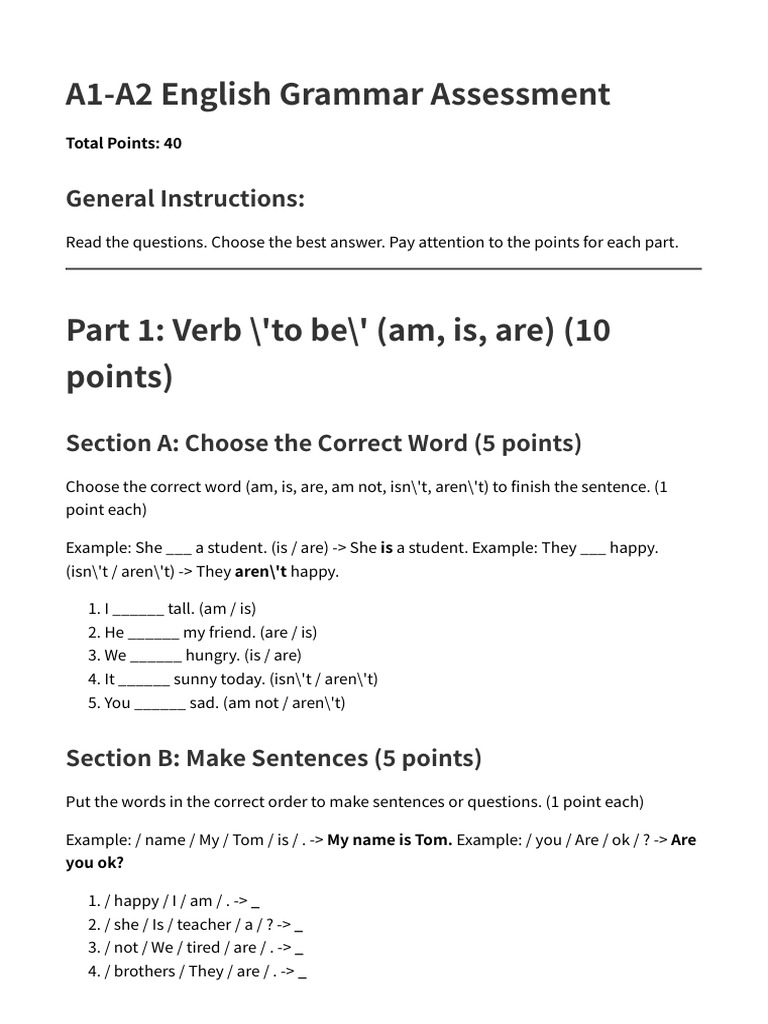 A1-A2 English Grammar Test Guide | PDF | Question | Language Mechanics