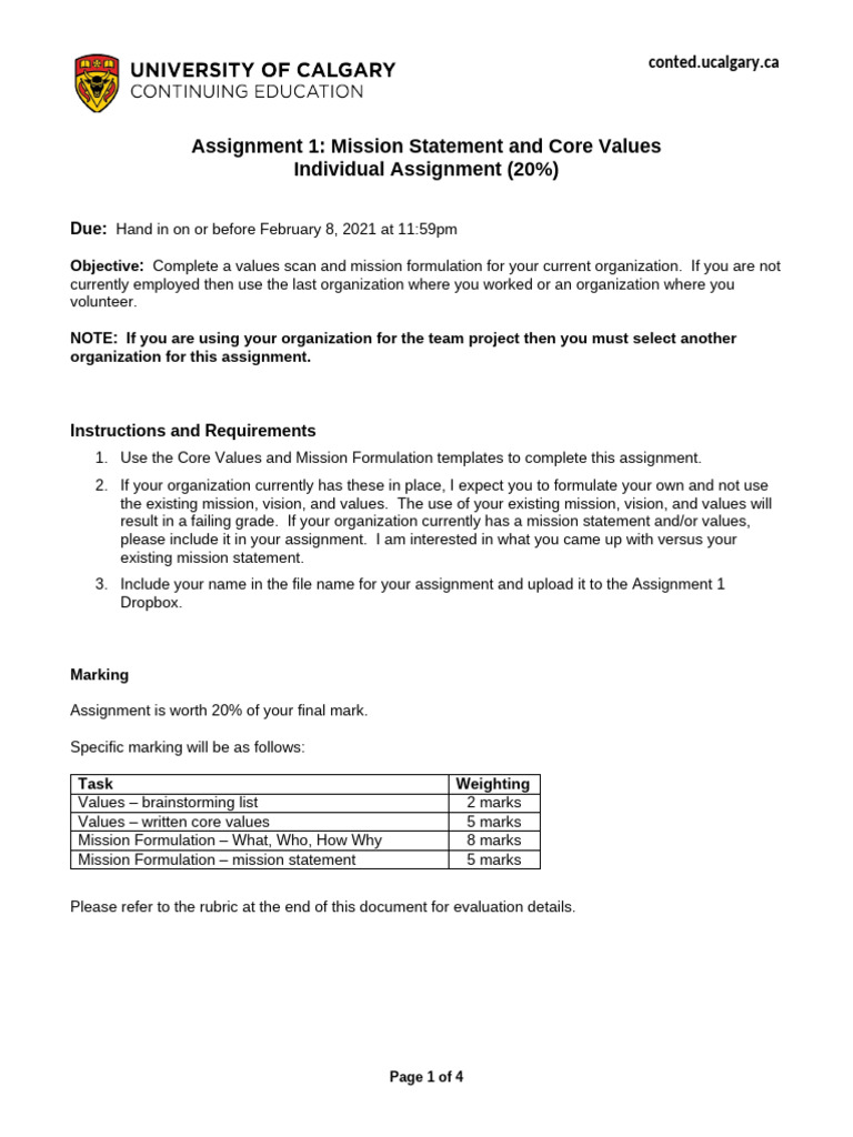 Assignment #2 - Mission Statement and Core Values Winter 2021 | PDF