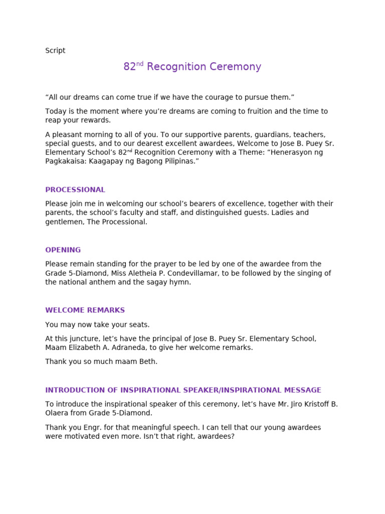 Recognition Ceremony Script | PDF