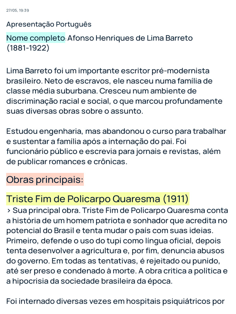 Lima Barreto: Crítica e Legado Literário | PDF