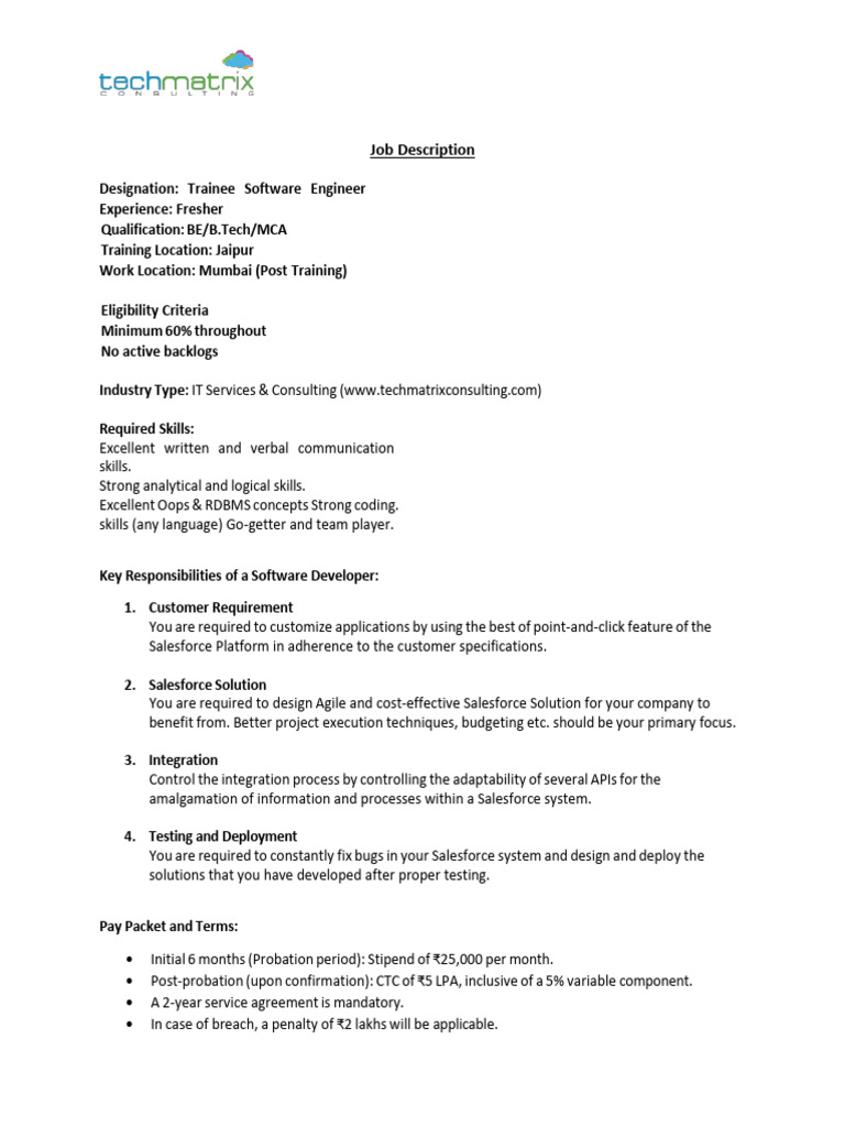 Trainee Software Engineer Job Overview | PDF