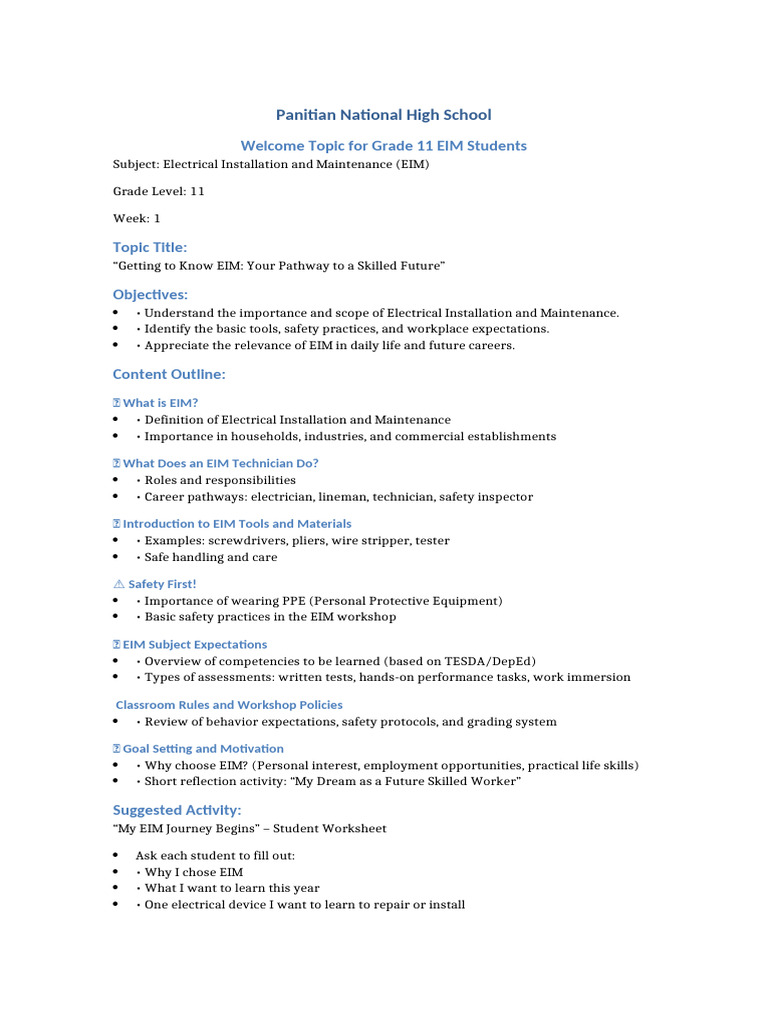 Welcome Topic Grade11 EIM | PDF